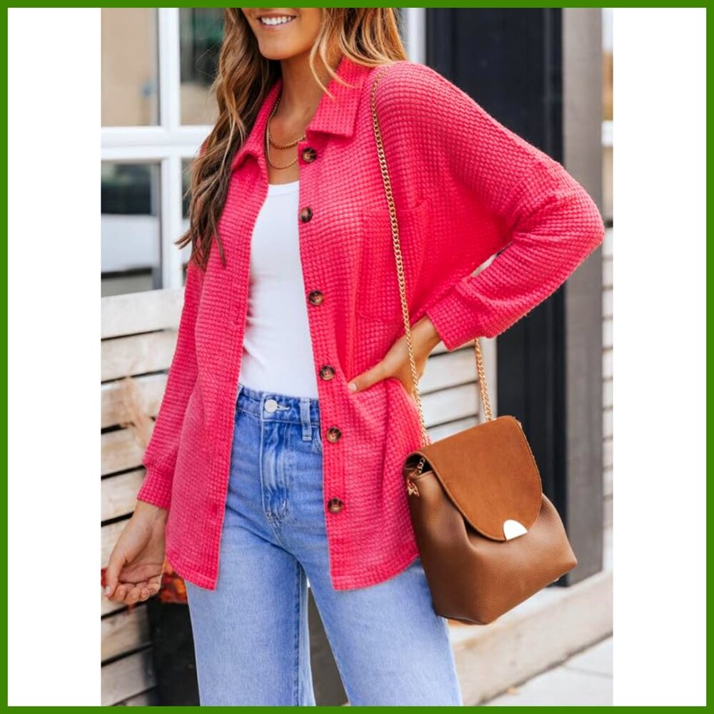 Waffle Knit Shacket Jacket Button Down Shirt Loos… - image 2